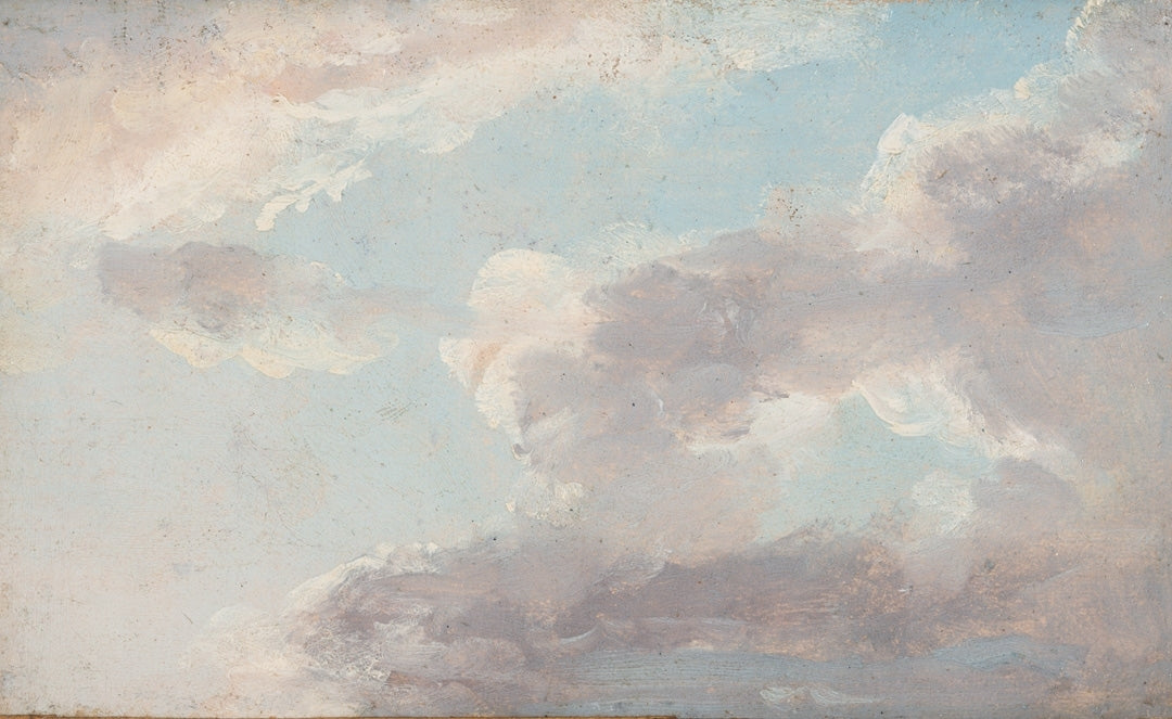 Painting of a cloudy sky with soft pastel colors.