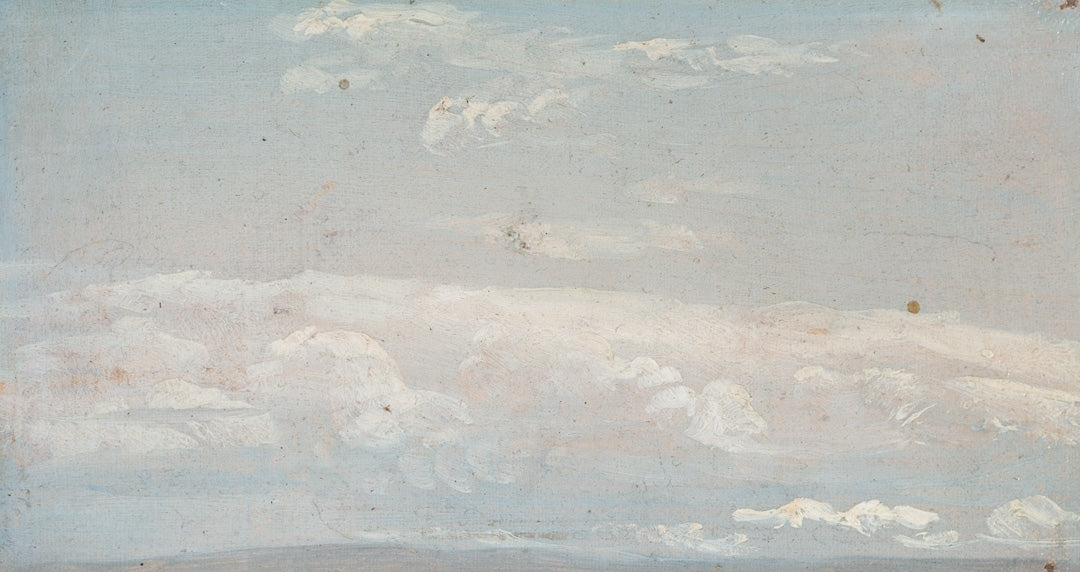 Panoramic painting of a landscape with clouds and mountains in the distance.