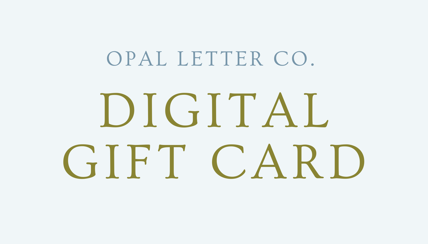 Opal Letter Co. digital gift card text on a light blue background
