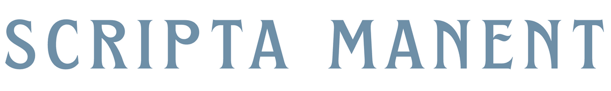 Text 'SCRIPTA MANENT' in a blue font on a white background