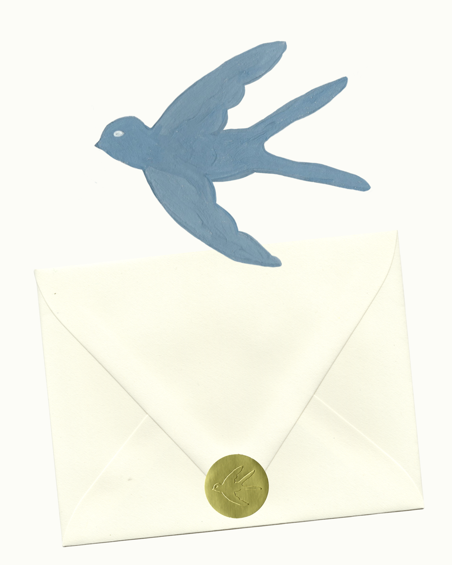 Blue bird-shaped letter opener on a white envelope with a gold seal.