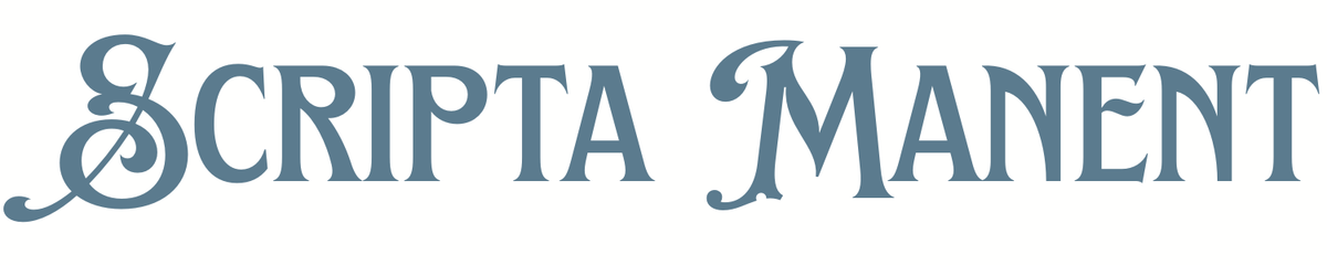 Decorative text 'Scripta Manent' in a stylized font on a light blue background